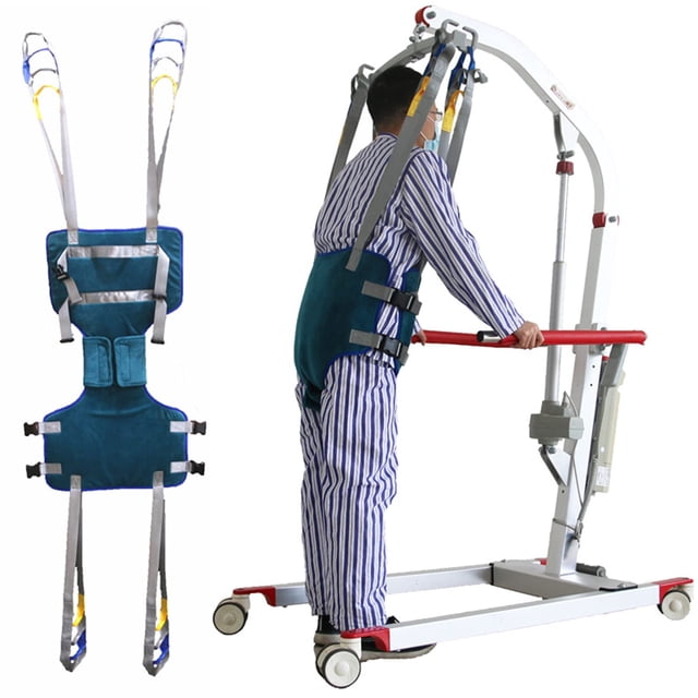 eslinga elevadora para caminar niczu lift sling 180 kg para bariatría eslinga corporal de nylon y terciopelo cristalino con hebillas plásticas, vista frontal y en uso con grúa de piso: respaldo amplio con cuatro puntos de sujeción, correas ajustables con asas visibles y esquinas reforzadas; paciente en pijama mantenido de pie por grúa blanca con barra roja. Uso habitual para traslados a silla, cama o ducha y para entrenamiento de marcha asistida. Capacidad máxima 180 kg.