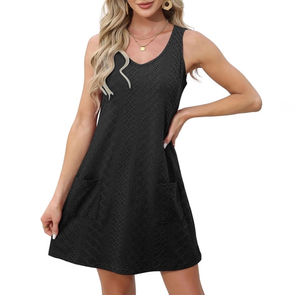 Xunlbb Womens Summer Dresses Women's Casual With Pockets Summer Dress Solid Color V-Neck Mini Dresses Gift for Her Size S-2XL