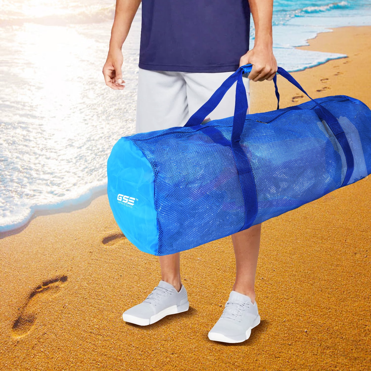 GSE Games & Sports Expert 6 Pack Large Mesh Duffel Bag with Zipper. Sport Equipment Scuba Bag for Sport Balls, Team Practice, Swimming Gear, Diving, Rafting, Water Sports - Blue