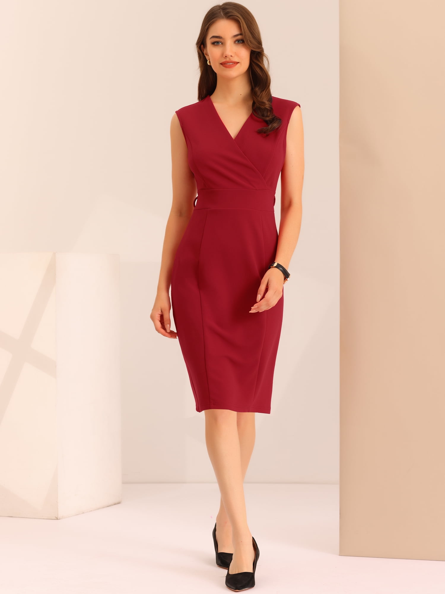 DARING DIVA Pencil Sleeveless Wrap V Neck Belted Office Dresses M Red
