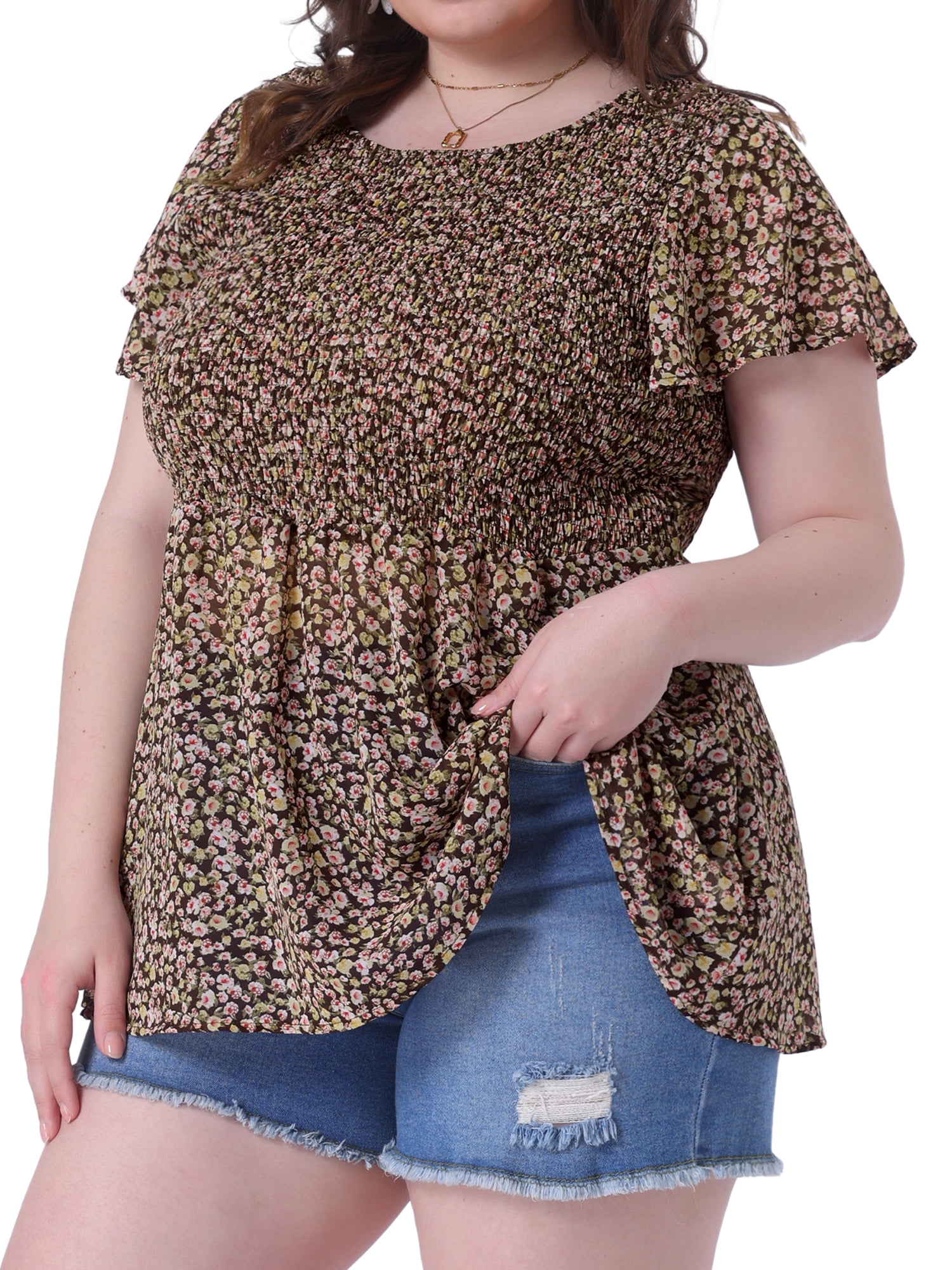 DARING DIVA Women's Plus Chiffon Flare Short Sleeves Floral Top 4X Brown