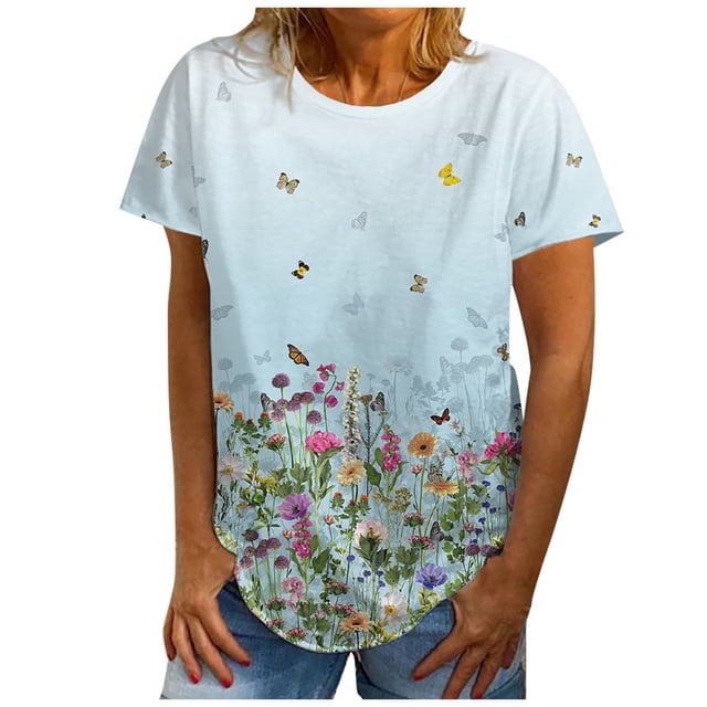 Moda Mujer Causal Rounk Cuello Impresión Blusa Manga Corta Camiseta Verano Tops Fridja bn5528