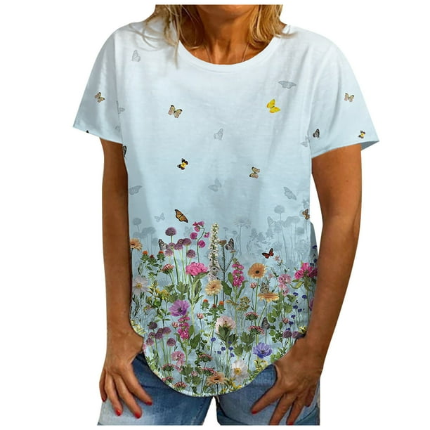 Moda Mujer Causal Rounk Cuello Impresión Blusa Manga Corta Camiseta Verano Tops Fridja bn5528