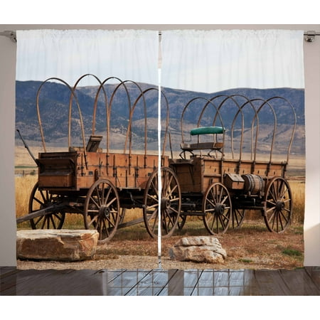 Barn Wood Wagon Wheel Curtains 2 Panels Set Vintage American