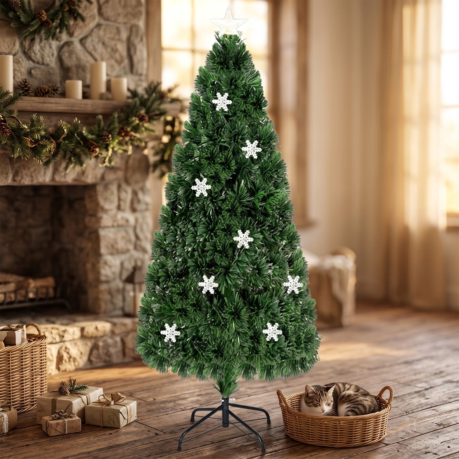 RUIE Pre-Lit Artificial Christmas Tree, 5 FT LED Optic Xmas Tree with 21 Color-Changing Lights and 170 PVC Tips, Metal Stand for Indoor Holiday Home Office, Green