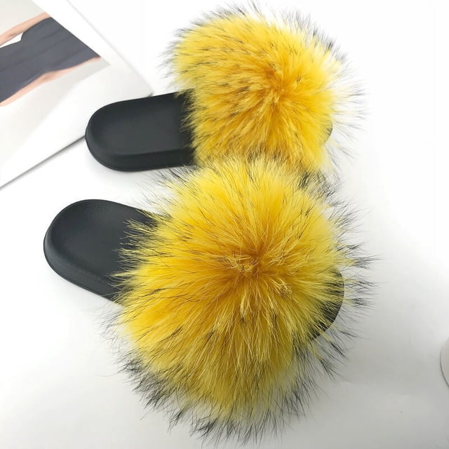 Zapatillas de piel de mapache auténtica para mujer, chanclas planas peludas para interior y casa, moda para actividades al aire libre, sandalias de playa, verano 2023
