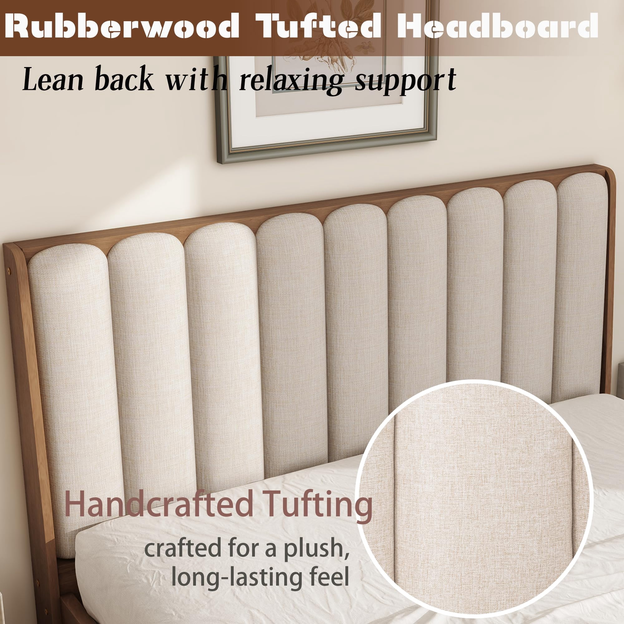 Wood King Size Bed Frame, Platform Bed King with Solid Rubber Wood Legs, Tall Upholstered Tufted Headboard, Wheat