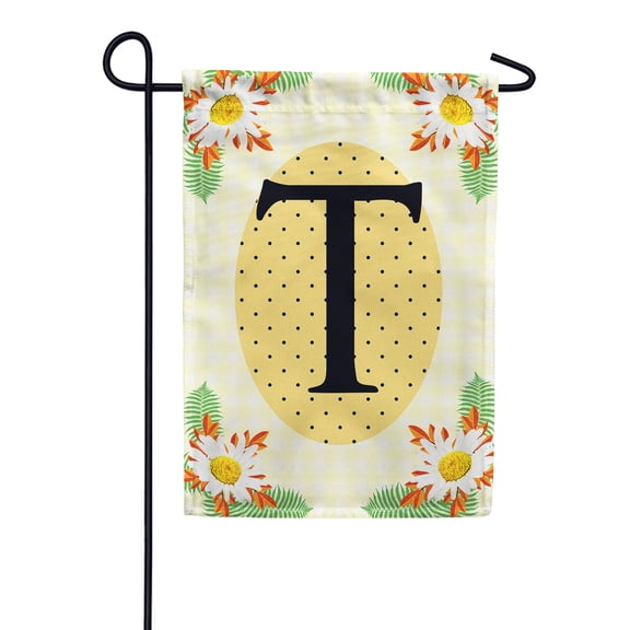 America Forever Spring Monogram Garden Flag Letter T 12.5 x 18 inches Double Sided Vertical Outdoor, Yard, Lawn, Beautiful Bright Summer Flowers, Daisies, White Flowers, Polka Dots Garden Flag