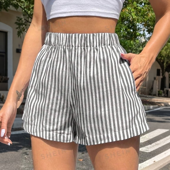 Women's Striped Print Shorts High Waisted Elastic Waist Wide Leg Loose Casual Shorts M