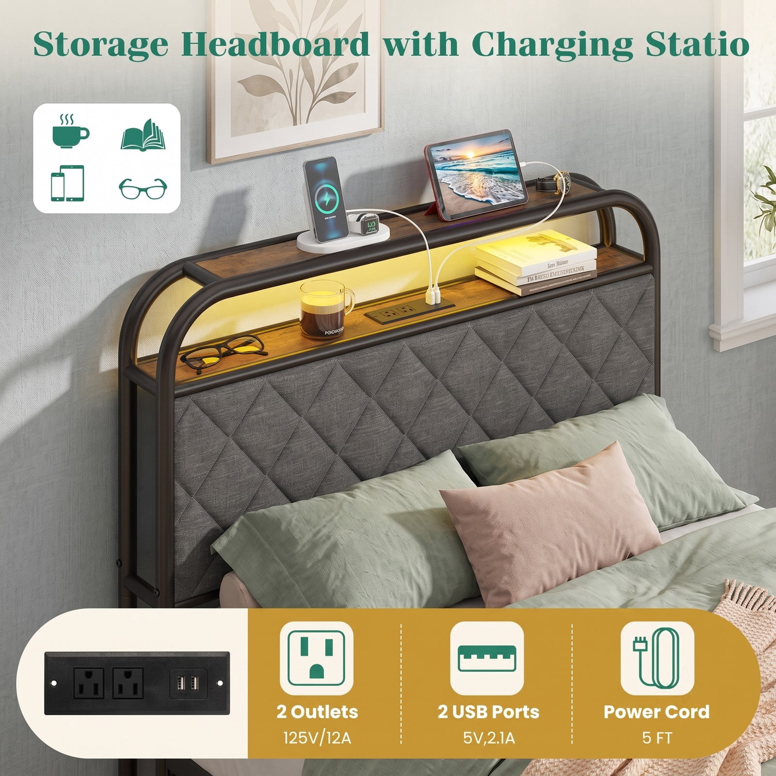 Furnibear Twin Bed Frame Upholstered Platform Bed with Headboard, LED Lights, USB Charging Station and 4 Storage Drawers, Gray