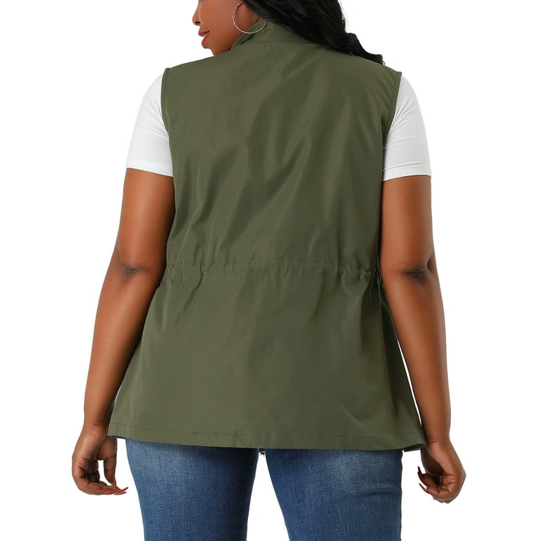 Agnes Orinda Women's Plus Size Cargo Pocket Drawstring Waist Vest Jacket 