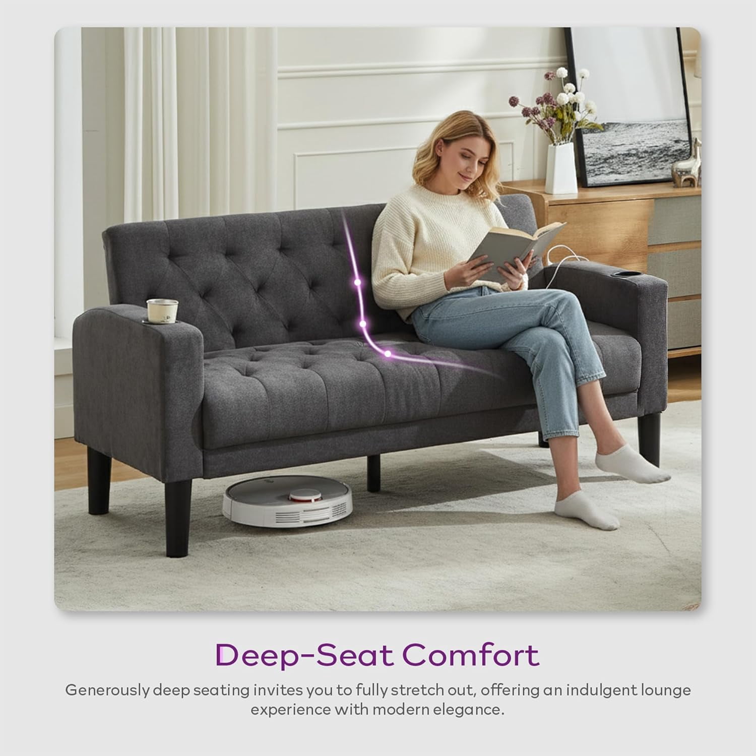 LAZZO 62" Loveseat Sofa, Tufted Couch with USB Ports and Cupholders for Living Room, Office and Bedroom, Dark Gray