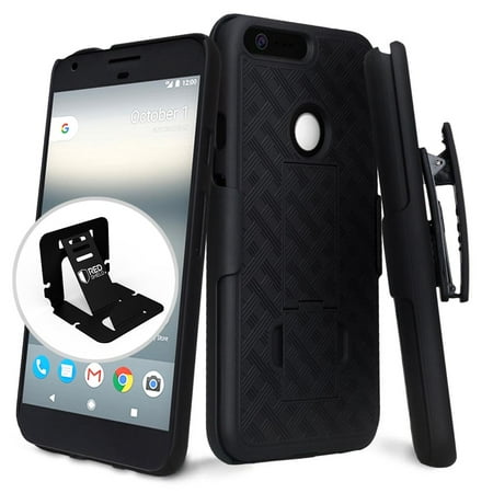 google pixel xl case, [black] supreme protection slim matte rubberized hard plastic case cover with kickstand and swivel belt clip with travel wallet phone (Best Deal On Google Pixel Phone)