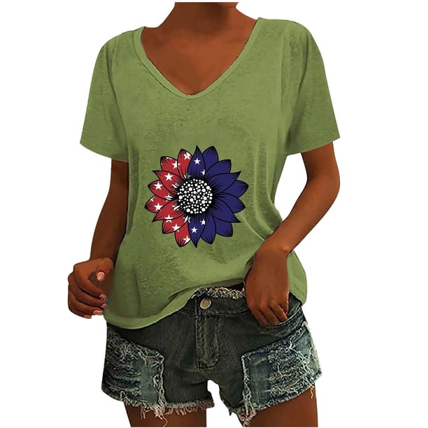 Camisetas Casuales de las Mujeres Gradiente Día de la Independencia Impreso Cuello Redondo, Blusa de Manga Corta para Diario, Fiesta Y Primavera Verano