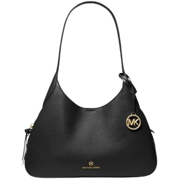 Michael Kors Kelsey Pebbled Leather MK Signature Large Shoulder Bag Purse[Black leather/Gold]