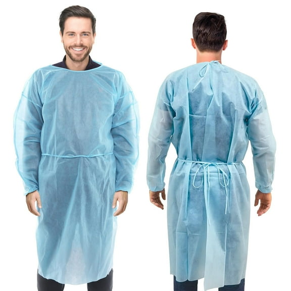 Blue Disposable Gowns, X-Large. Pack of 10 PPE Gown, 45 Inch Long. 30 GSM Polypropylene Disposable Isolation Gowns. Surgical Gown with Long Sleeves, Neck and Waist Ties