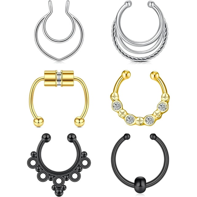 shiyou-Fake Piercings Fake Nose Ring Hoop Fake Lip Ring Fake Septum Ring Faux Nose Rings Double Hoops Clip on Nose Ring Fake Earring Hoops Fake Nose Piercing Fake Nose Stud Clip Earring Hoops