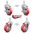 thumbnail image 2 of 4 Inch Red Polyurethane Wheel Swivel 10mm Threaded Stem Caster Set 2 Brake, 2 of 2