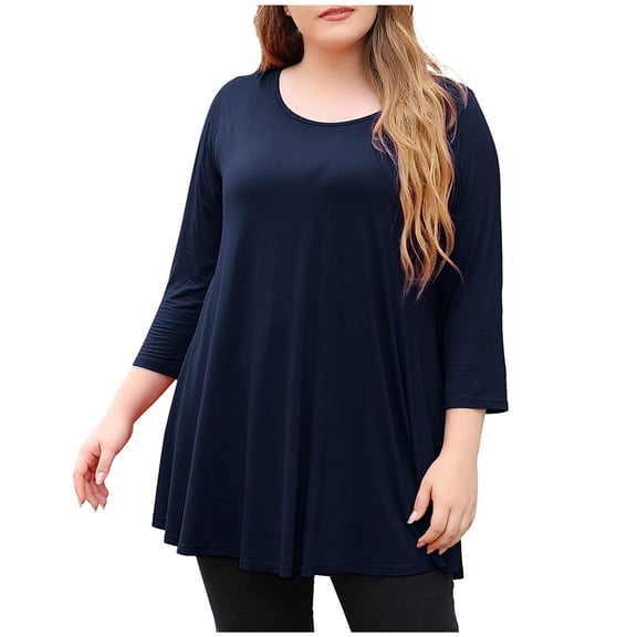 Tuphregyow Womens Tops Comfy Casual Oversized Swing Blouse Loose Tummy Hiding Plus Size Tunic Top For Ladies Round Neck Long Sleeve Solid Color Navy XXL