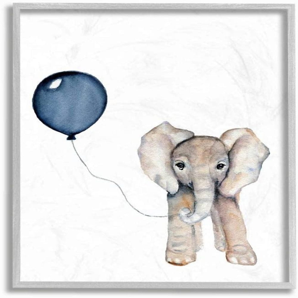 11 x 14 Stupell Industries Baby Elephant with Blue Balloon Grey Framed Wall Art Design by Artist Daphne Polselli