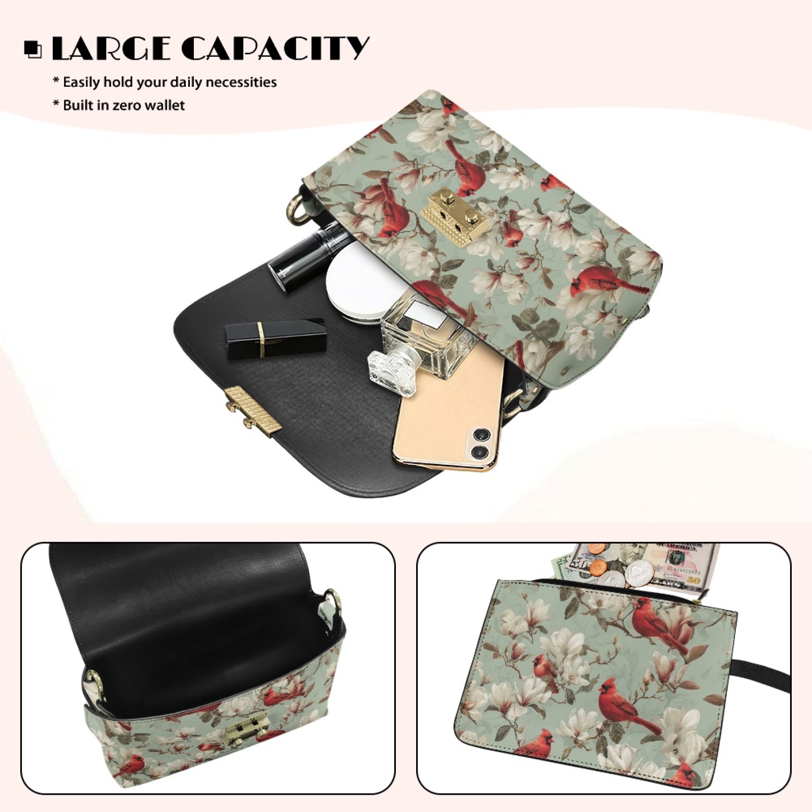 SCRAWLGOD Cardinal Floral Print Cyan Crossbody Bags for Women Trendy PU Leather Shoulder Handbags Purses for Women with Detachable Chain Strap
