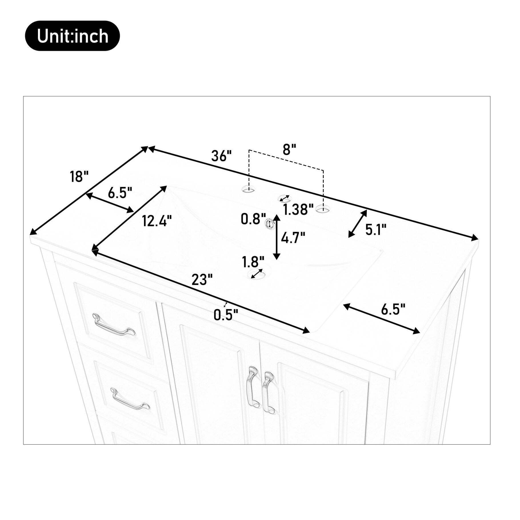 36" Bathroom Vanity with Sink, Modern Bathroom Storage Cabinet with 4 Drawers and 2 Soft-Closing Doors, Freestanding Solid Wood Bathroom Vanities, White