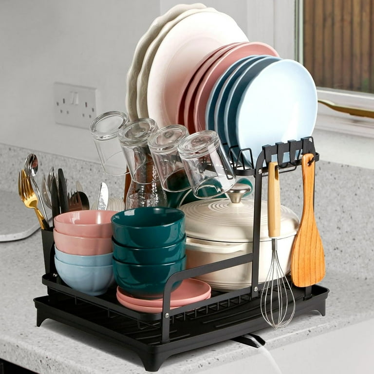 Dish Drying Rack Dish Rack for Kitchen with Drainboard 2 Tier Large Capacity Dish Drainer Rustproof Dish Racks for Kitchen Counter with Utensil Holder Cup Holder for Sink Black Walmart