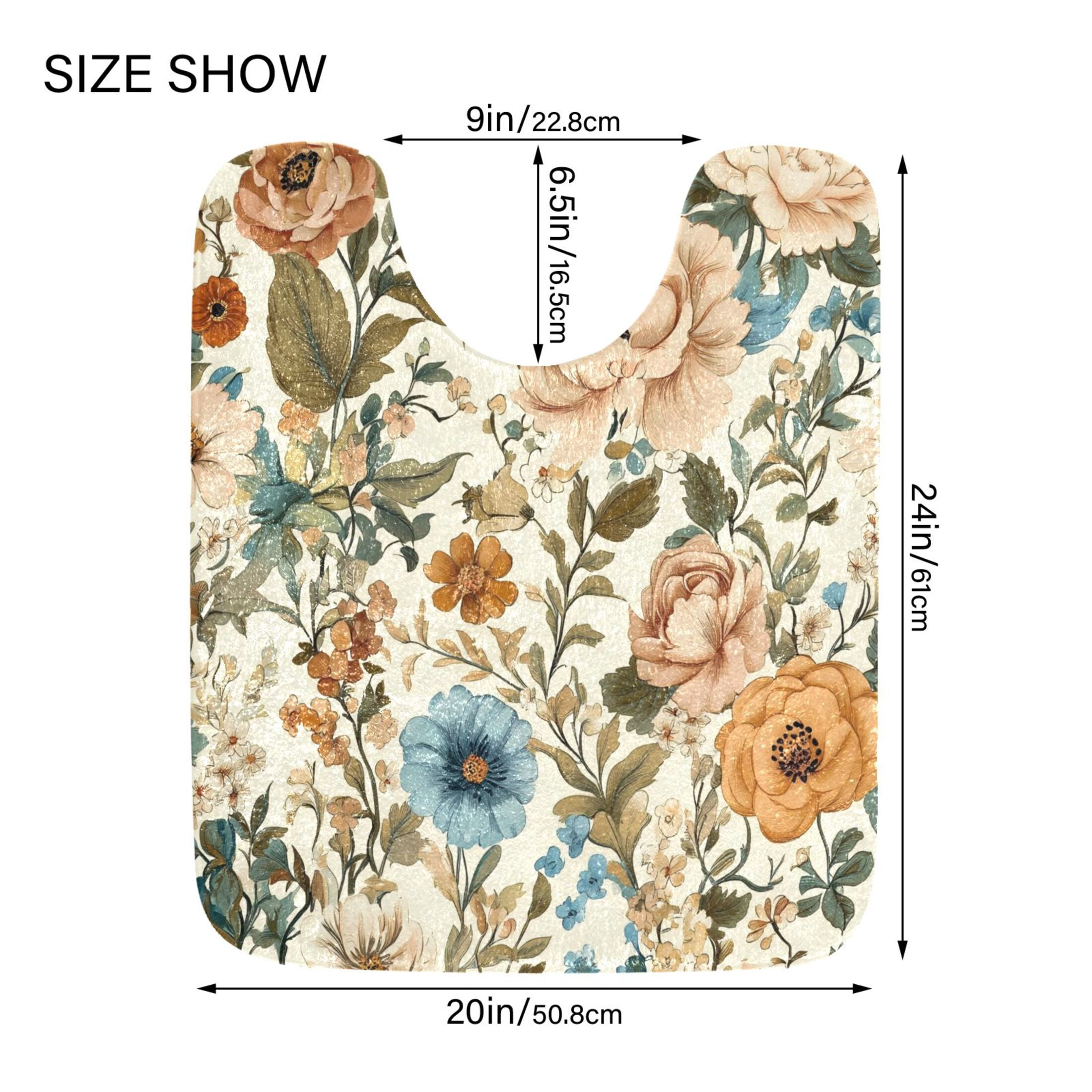 2 Piece Soft Bathroom Rug Set Beautiful Vintage Floral Bath Mat and U-Shaped Toilet Contour Rug (16"x24"+20"x24")
