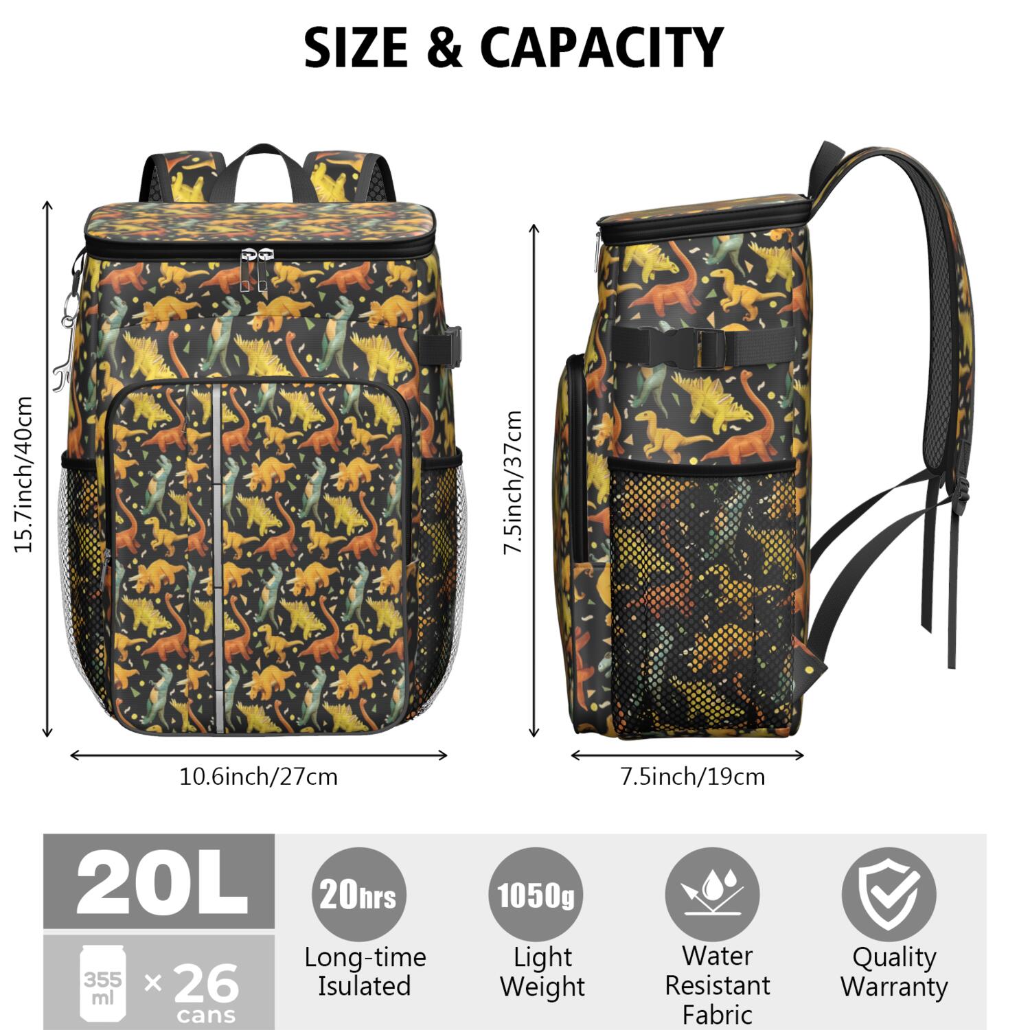 Travel Cooler Bag - Black Toy Like Dinosaurs Pattern Camping Beer Cooler Backpack with Bottle Opener- Waterproof Insulated Picnic Backpacks - Cooler Bag for Beach