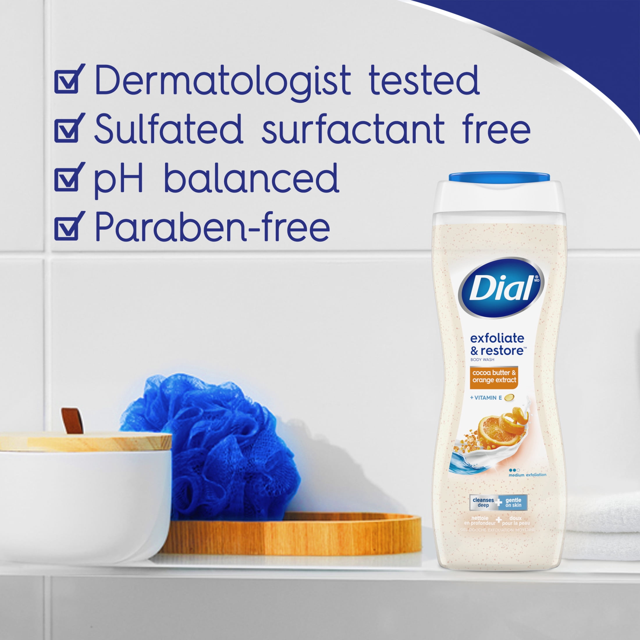(6 pack) Dial Exfoliate & Restore Body Wash with Cocoa Butter, Orange Extract & Vitamin E, 16 fl oz