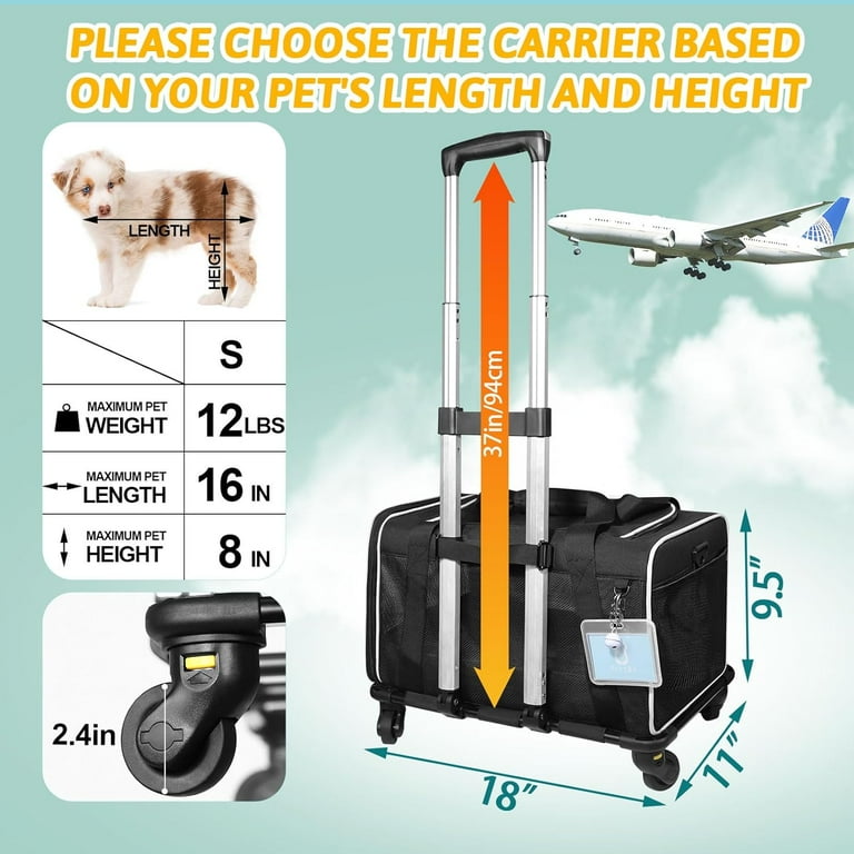 Pet Carrier with Wheels 18x11x9.5 Alaska Airline Approved Pet Travel Carrier Bag for Small Cats and Dogs Soft Dog Carrier for 1 12 LBS Pets Dog Cat