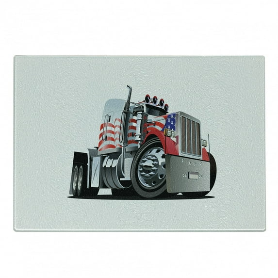 Truck Cutting Board, American Flag Themed Semi 18 Wheeler Patriotic Transportation Industrial Vehicle, Decorative Tempered Glass Cutting and Serving Board, Small Size, Red White Blue, by Ambesonne
