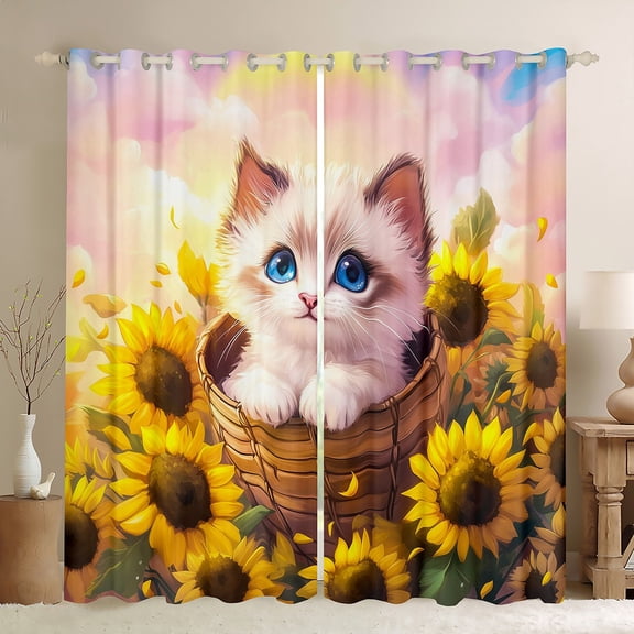 Castle Fairy Cartoon Cat Blackout Curtains Set of 2 (52x84 Each) for Kids Children Teens,Cartoon Flower Animal Window Curtains,Rustic Floral Sunflower Curtains and Drapes,Breathable Home Decor