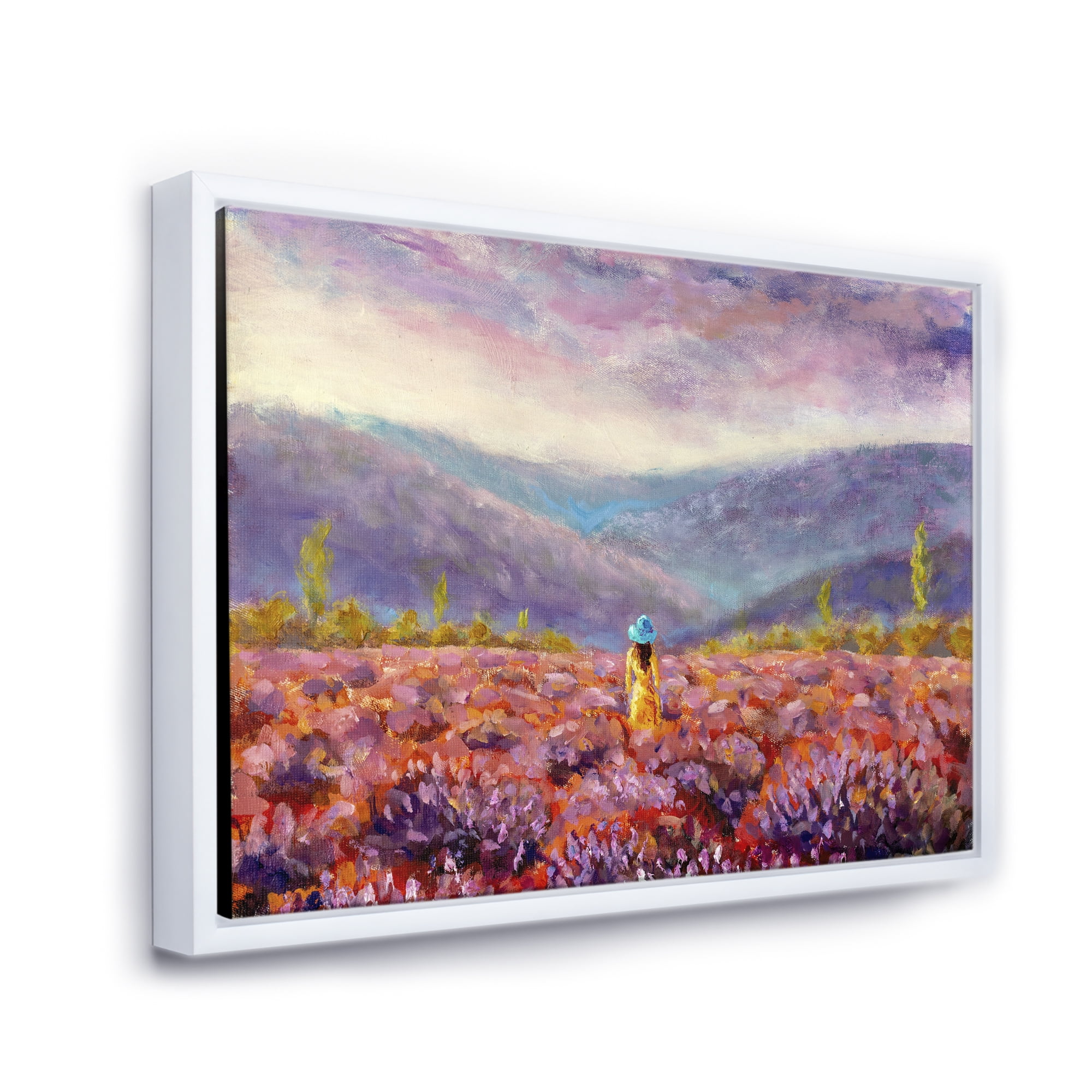 Designart 'Girl In Yellow Dress & Hat Walking Through Fields' Traditional Framed Canvas Wall Art Print