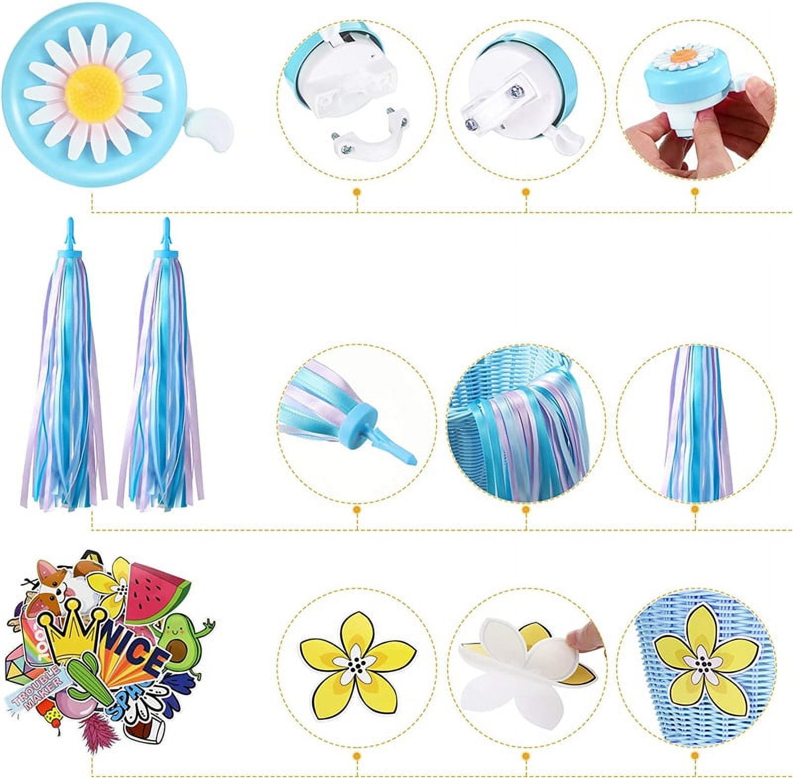 Kid's Bicycle Basket Streamers Set, Front Handlebar Kid's Bicycle Basket, Daisy Bike Bell, 2 Bike Streamer, 30 Kids Cartoon Sticker, Bike Decoration for Toddler Children Kids Girl