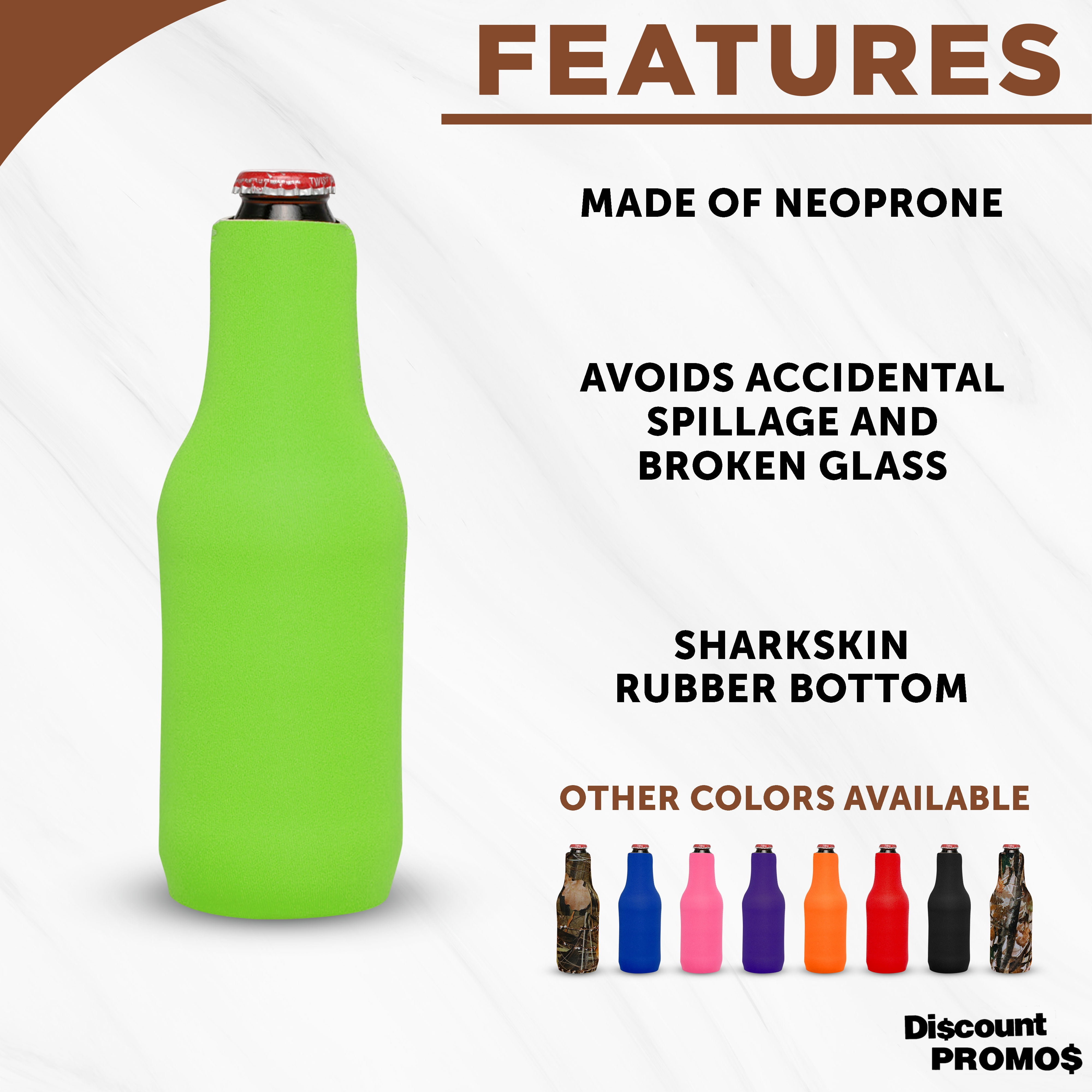 10 Neoprene Zippered Beer Bottle Coolies Pack - Sharkskin Rubber Bottom - Lime Green