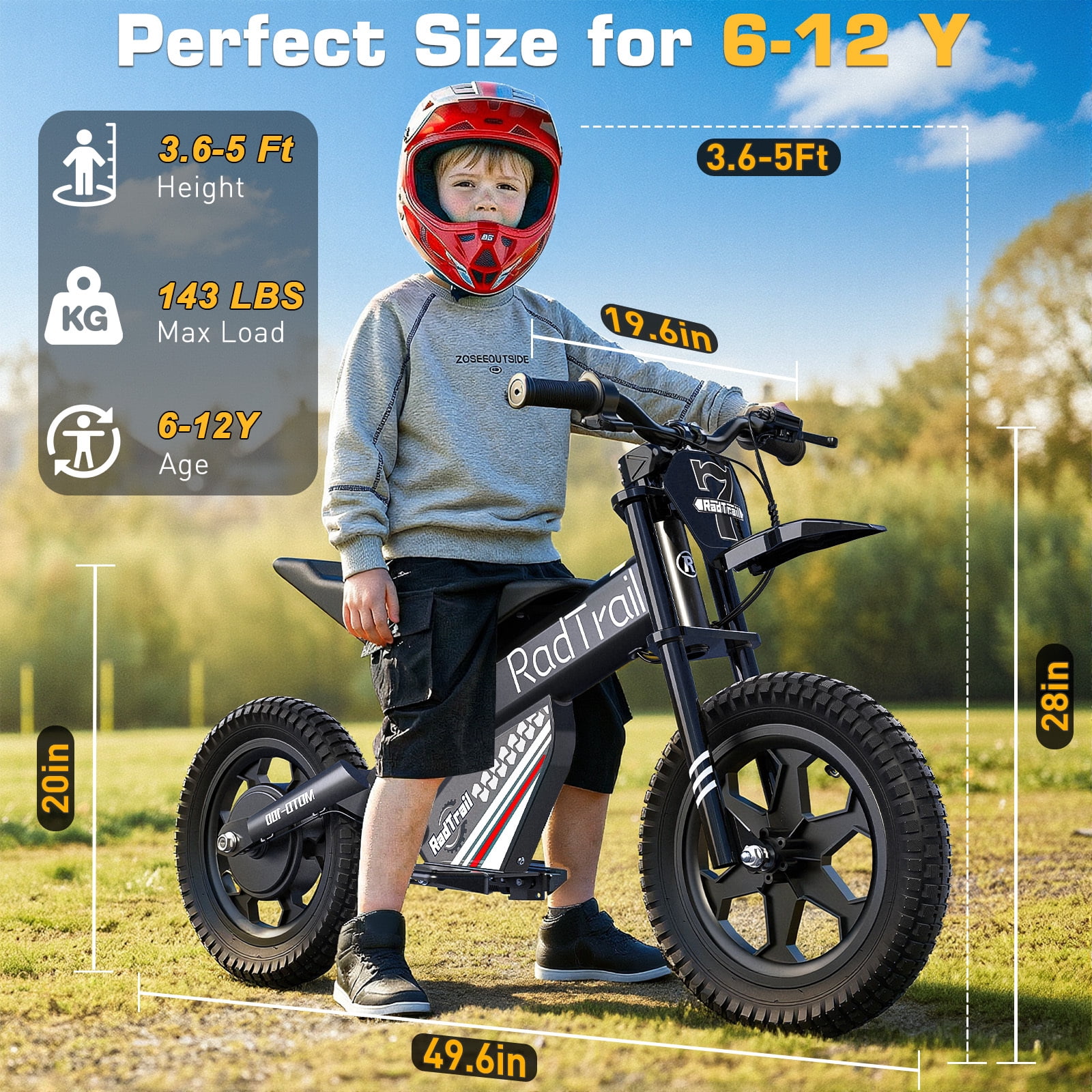East doll 36V Electric Dirt Bike for Kids, 200W Peak Brushless Motor, Up to 13 MPH & 13 Miles Range, 14" Pneumatic Tires, Twist Throttle, Kids Electric Dirt Bike Ages 6-12, Max Load 143 Lbs, Black