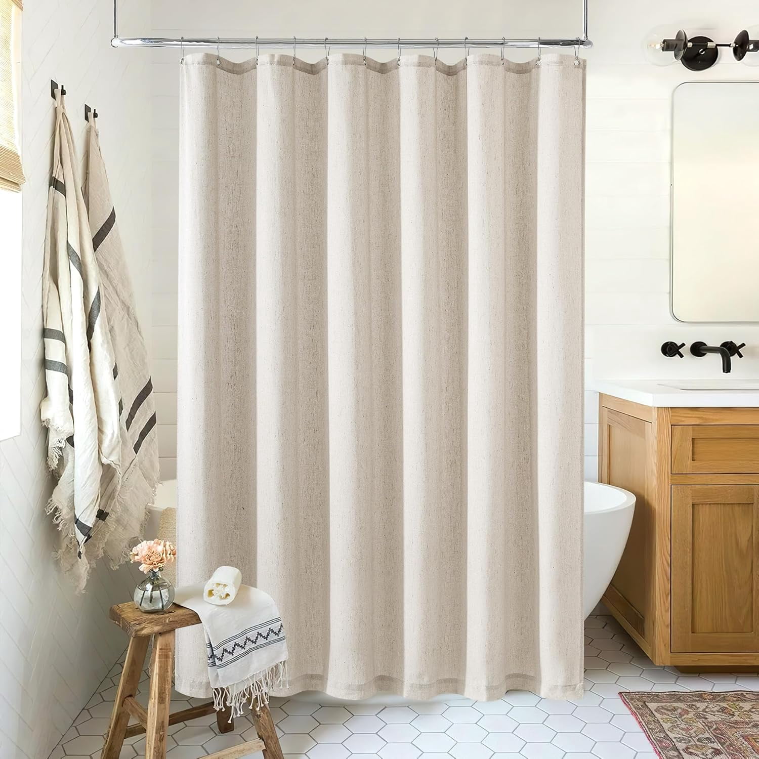 90 Inch Shower Curtain Linen Neutral Earth Tone Extra Long Shower Curtain for Bathroom Bath Drapes Boho Vintage Country Style Rustic Cloth Drapes Bathroom Decor, Greyish Beige Tan, 72x90