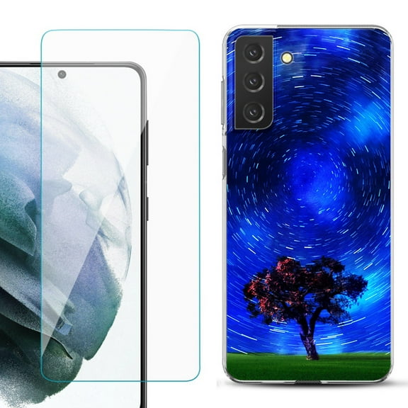 Slim-Fit TPU Fashion Phone Case for Samsung Galaxy S21 FE 5G Fan Edition, with Tempered Glass Screen Protector, by OneToughShield ® - Star Trails Tree