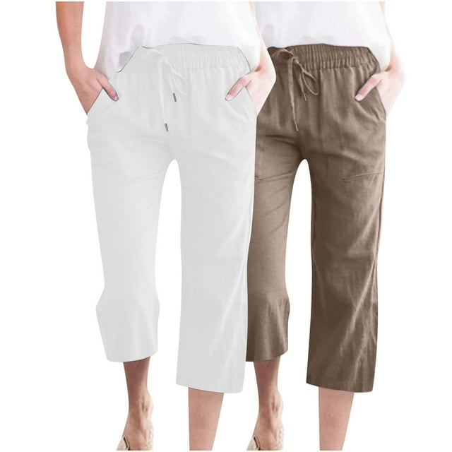 Timegard 2pc Capri Pants for Women Cotton Linen Elastic Waist Loose Lounge Crop Pants Pockets Solid Color