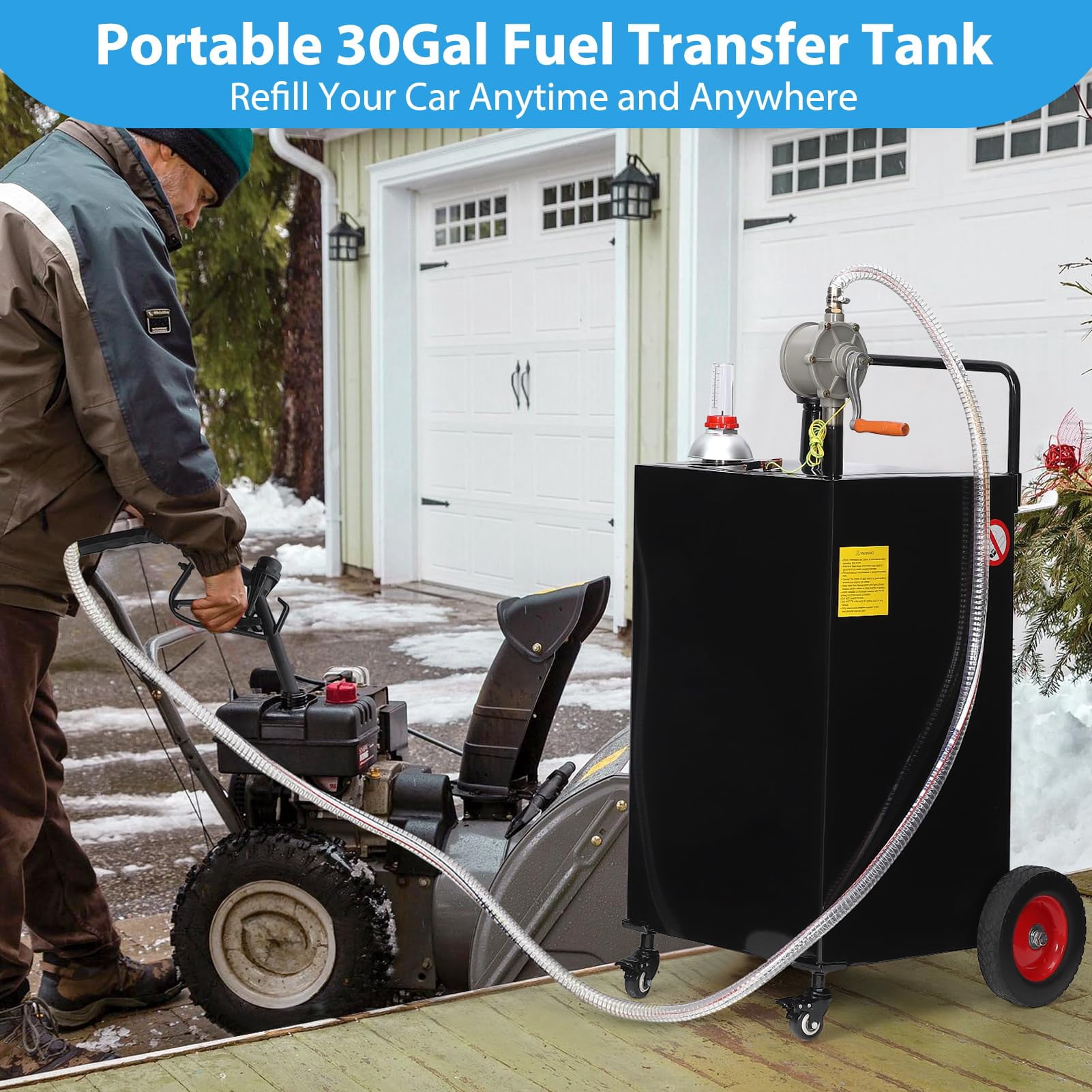 30 Gallon Fuel Caddy, Fuel Storage Tank on 4 Wheels, Portable Gas Caddy with Manual Transfer Pump, Gasoline Diesel Fuel Container for Cars, Lawn Mowers, ATVs, Boats, More