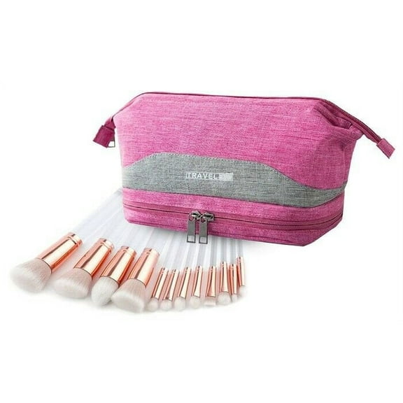 12 Piece Transparent & Rose Gold Makeup Brush Set & Waterproof Toiletry Bag