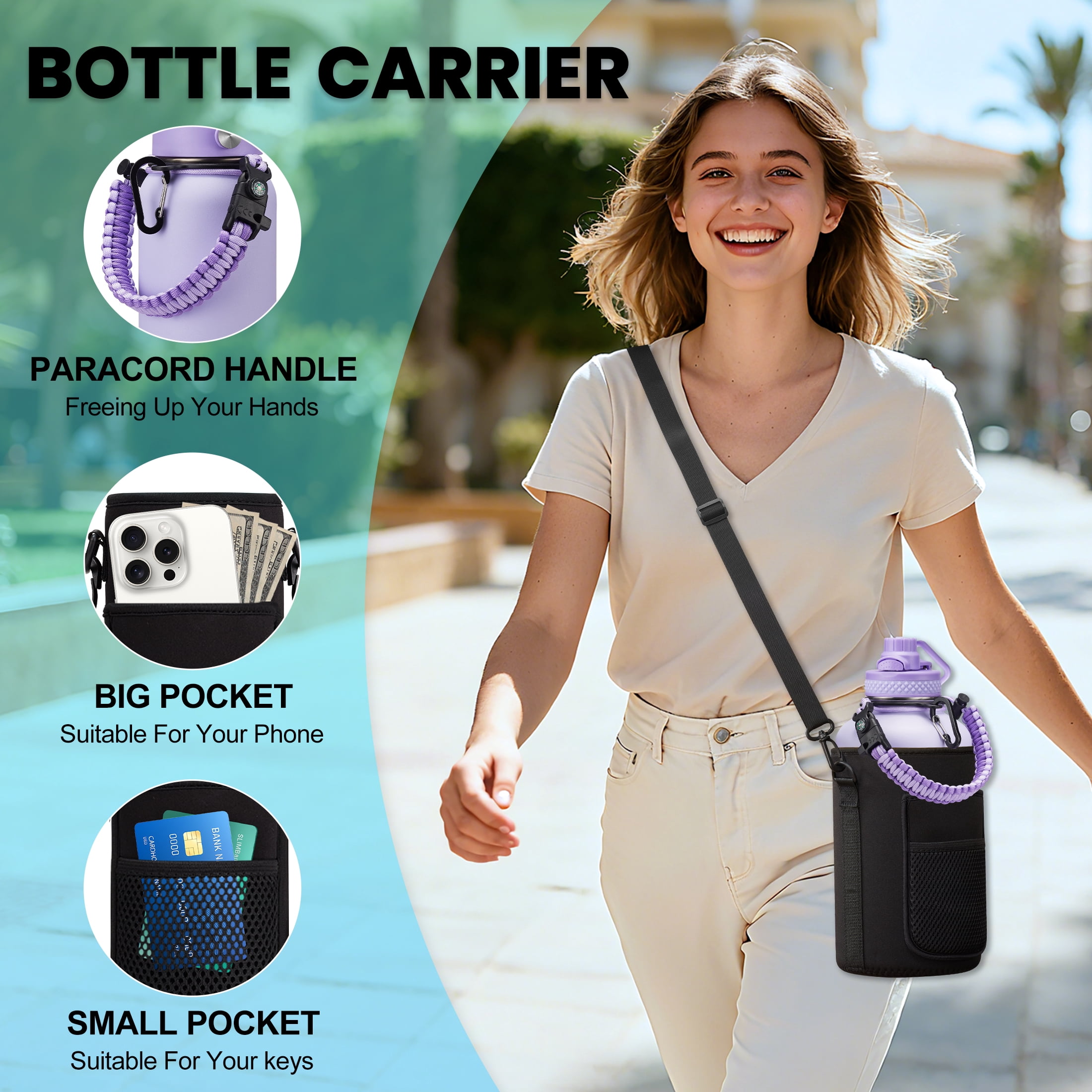 64OZ Insulated Sports Water Bottle - Half Gallon Stainless Steel Water Bottle with Straw, Carrier Bag, Paracord Handle, Big Water Jug for Hiking Camping