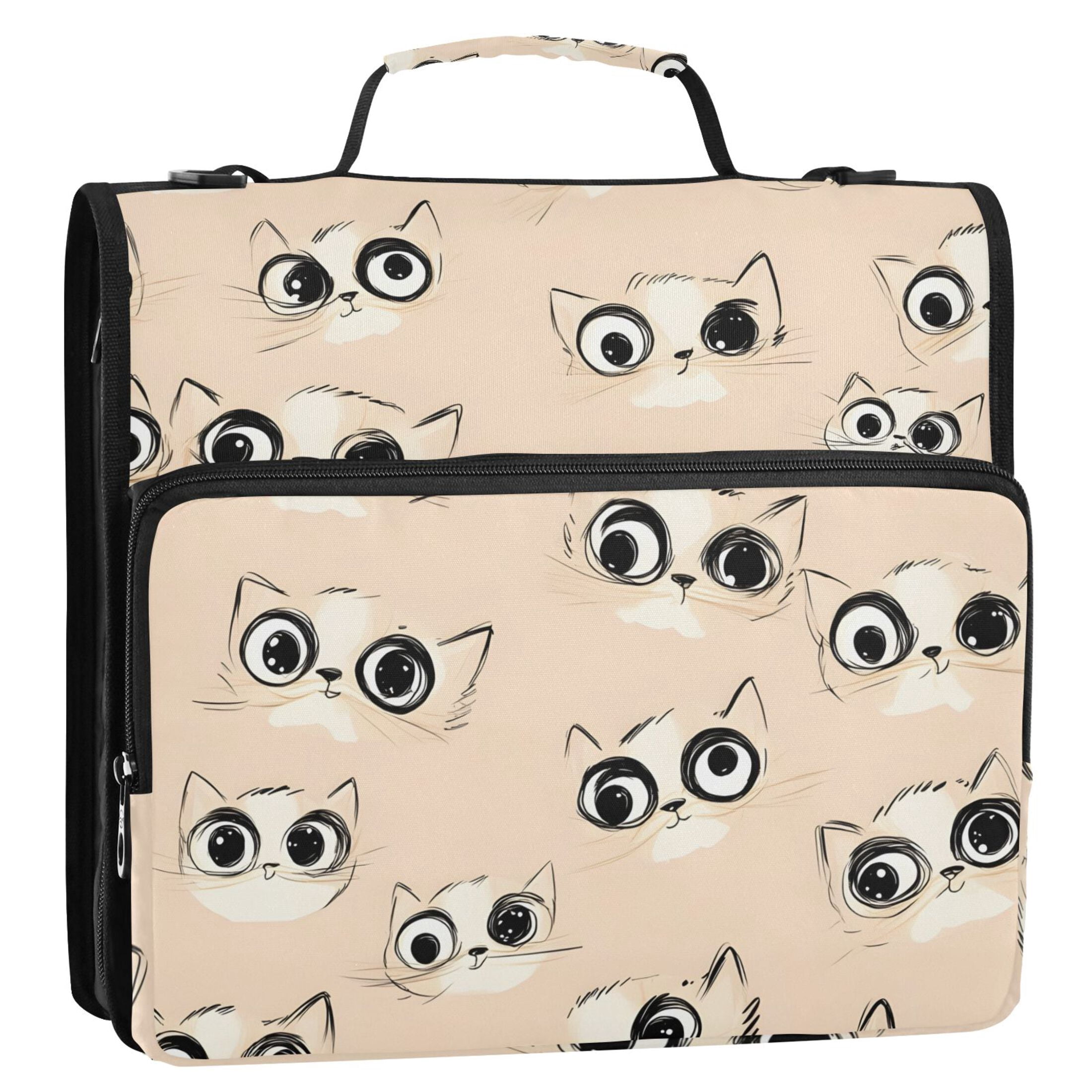 3 Ring Zipper Binder with Shoulder Strap Waterproof Trapper Keeper 2 Inch D-Ring 500 Sheets Capacity Cartoon Cute Cat Eye