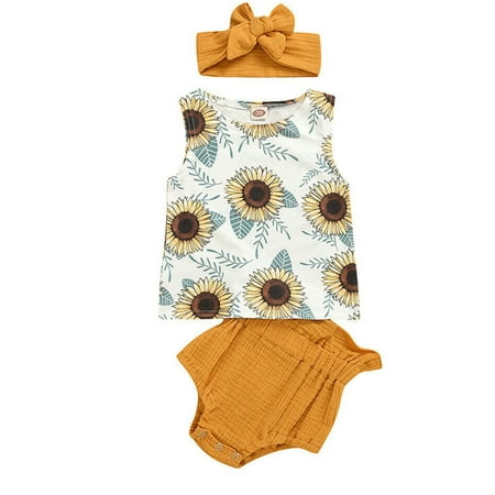 

Canrulo Newborn Baby Girl Clothe Sleeveless Sunflower Vest PP Pants Headband Summer Outfits 3pcs Sets Yellow 0-6 Months