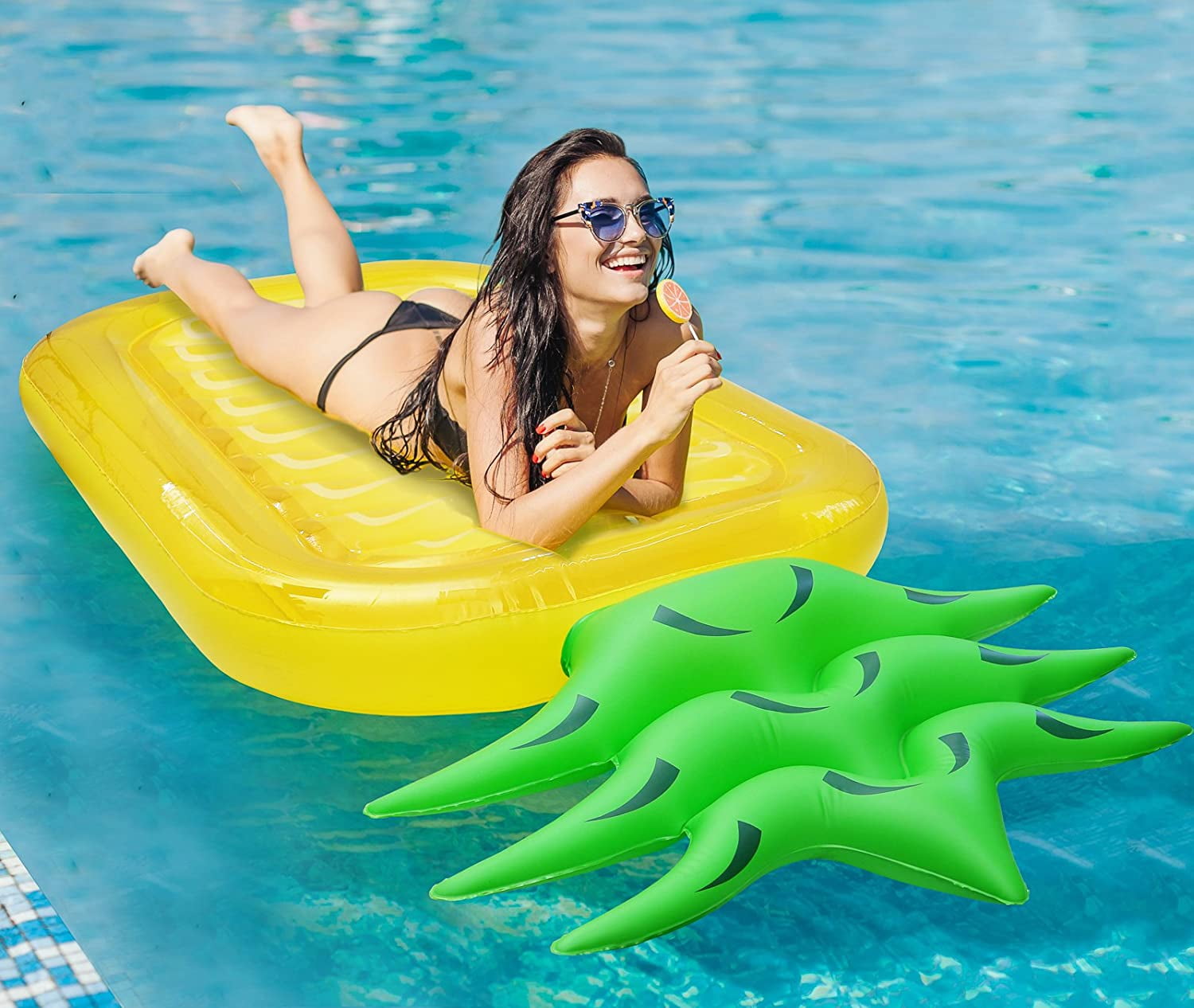 SYITCUN Giant Inflatable Pineapple Pool Party Float Raft Summer Outdoor Swimming Pool Inflatable Floatie Lounge Pool Loungers Adults & Kids-Enjoy Summer Time Family with 3 Inflatable Drink Holder 