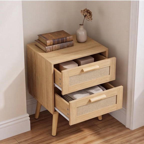 Natural Rattan Nightstand, Boho Modern Bedside Table with 2 Drawers, Wooden Small End Side Table for Bedroom, Living Room & Office