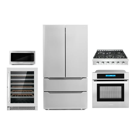 Cosmo 5 Piece Kitchen Package With 36" Slide-In Gas Cooktop 30" Wall Mount Range Hood 24" Single Electric Wall Oven 24.4" Countertop Microwave & French Door Refrigerator