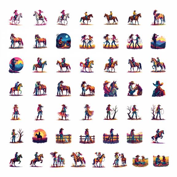 50pcs Cowboy Horse Riding Stickers Retro Cartoon Stickers Country Stickers Water Bottle Laptop Phone Guitar Bicycle Decals Set