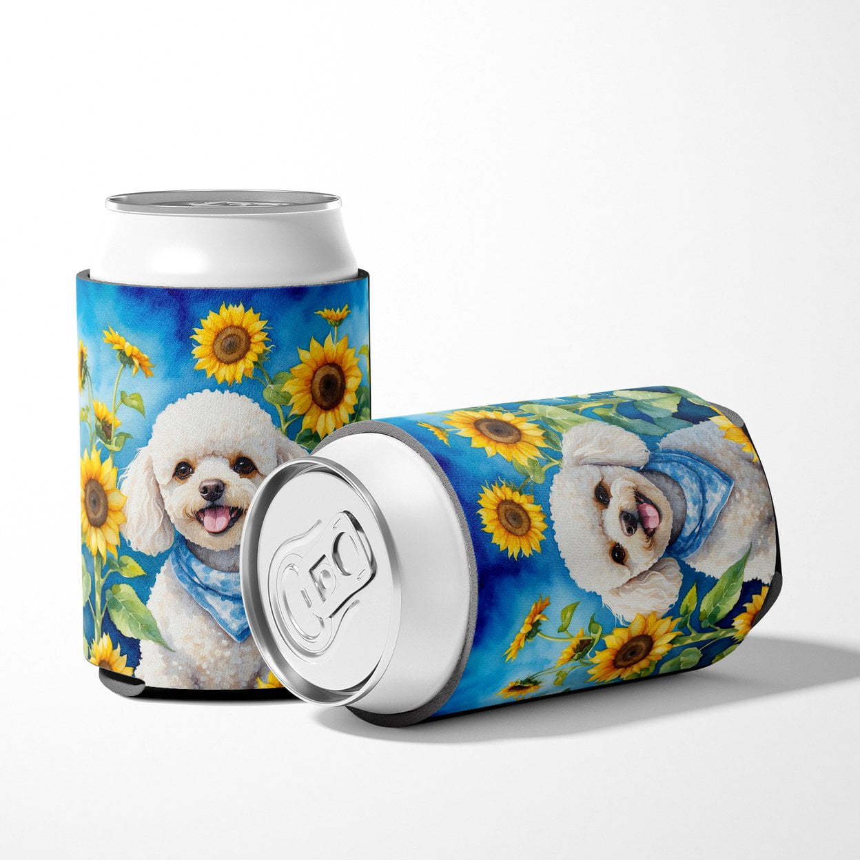 White Poodle in Sunflowers Can or Bottle Hugger 3 in x 5 in